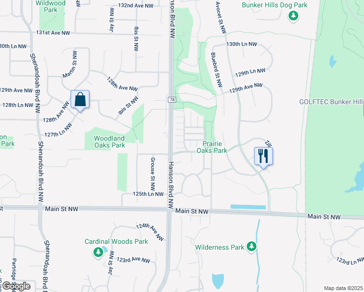 map of restaurants, bars, coffee shops, grocery stores, and more near 12720 Flamingo Street Northwest in Minneapolis