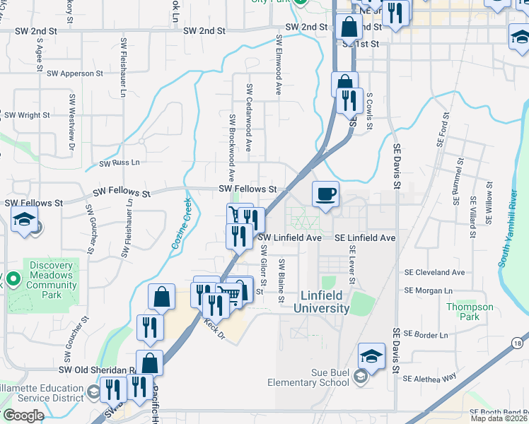 map of restaurants, bars, coffee shops, grocery stores, and more near 1135 Southwest Baker Street in McMinnville