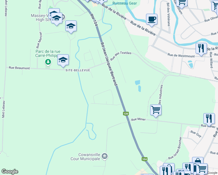 map of restaurants, bars, coffee shops, grocery stores, and more near 104 Rue des Érables in Cowansville