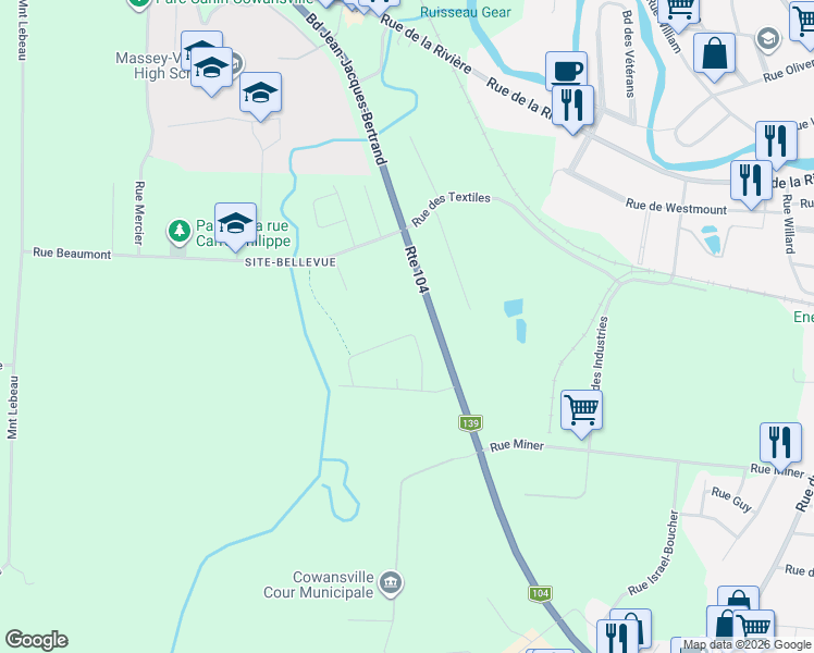 map of restaurants, bars, coffee shops, grocery stores, and more near 104 Rue des Érables in Cowansville