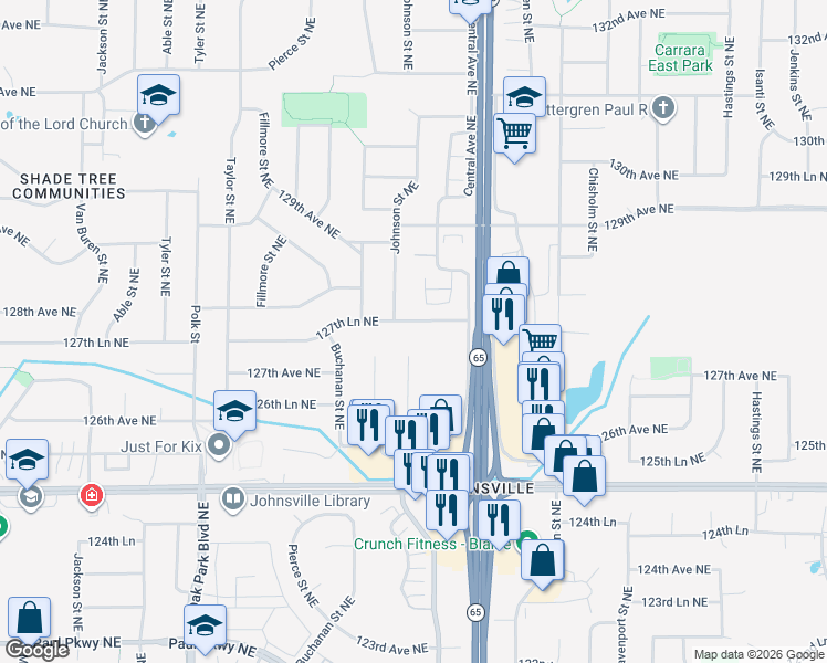 map of restaurants, bars, coffee shops, grocery stores, and more near 12723 Johnson Street Northeast in Blaine