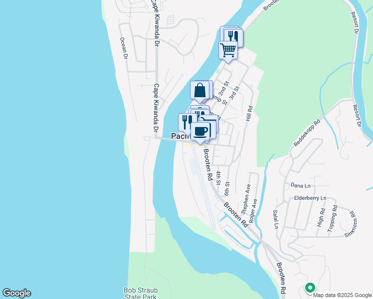 map of restaurants, bars, coffee shops, grocery stores, and more near 35145 Rueppell Avenue in Pacific City
