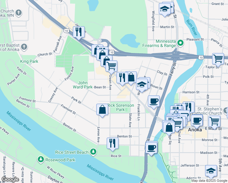 map of restaurants, bars, coffee shops, grocery stores, and more near 2110 Green Avenue in Anoka
