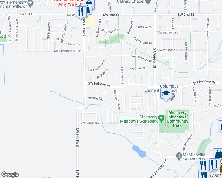 map of restaurants, bars, coffee shops, grocery stores, and more near 1966 Southwest Fellows Street in McMinnville