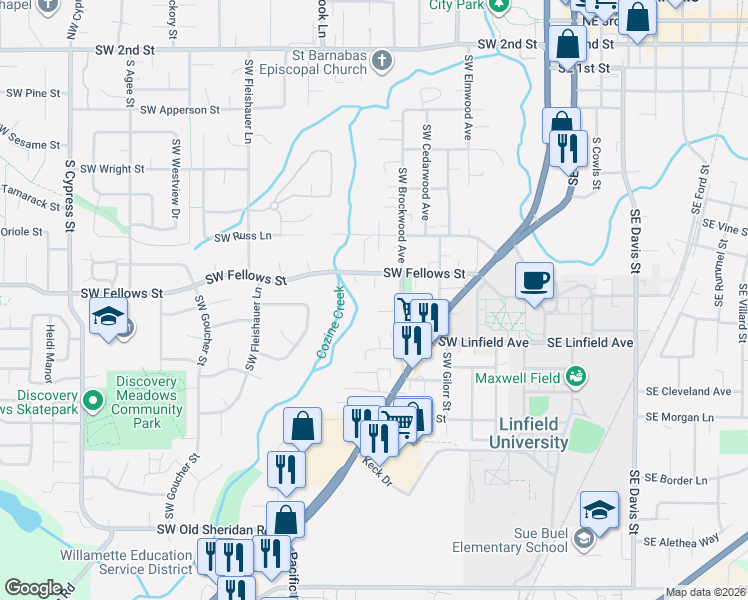 map of restaurants, bars, coffee shops, grocery stores, and more near 827 Southwest Gilson Street in McMinnville