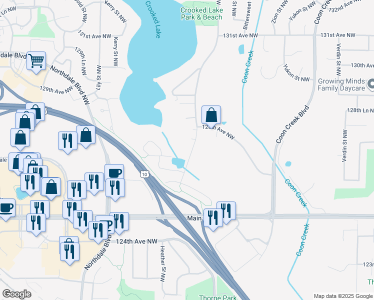 map of restaurants, bars, coffee shops, grocery stores, and more near 12708 Crooked Lake Boulevard Northwest in Minneapolis
