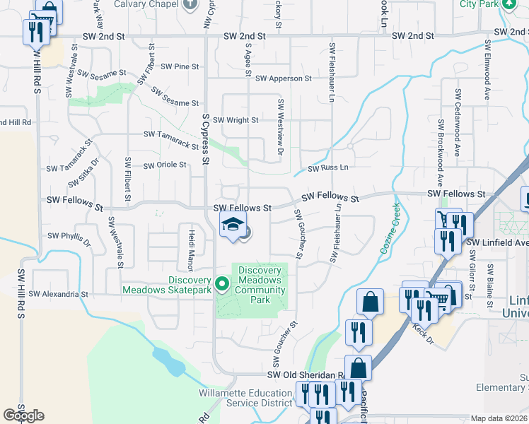 map of restaurants, bars, coffee shops, grocery stores, and more near 1115 Southwest Patricia Street in McMinnville
