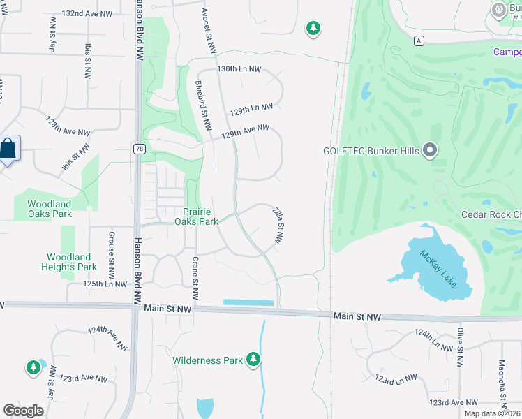 map of restaurants, bars, coffee shops, grocery stores, and more near 1248 126 Lane Northwest in Minneapolis