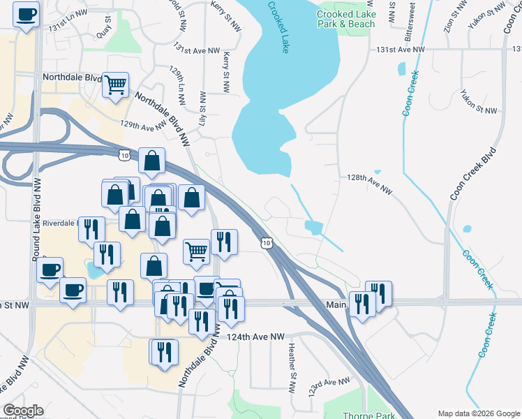 map of restaurants, bars, coffee shops, grocery stores, and more near 3020 127th Avenue in Minneapolis