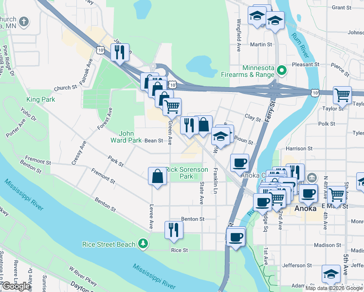 map of restaurants, bars, coffee shops, grocery stores, and more near 439 Douglas Street in Anoka