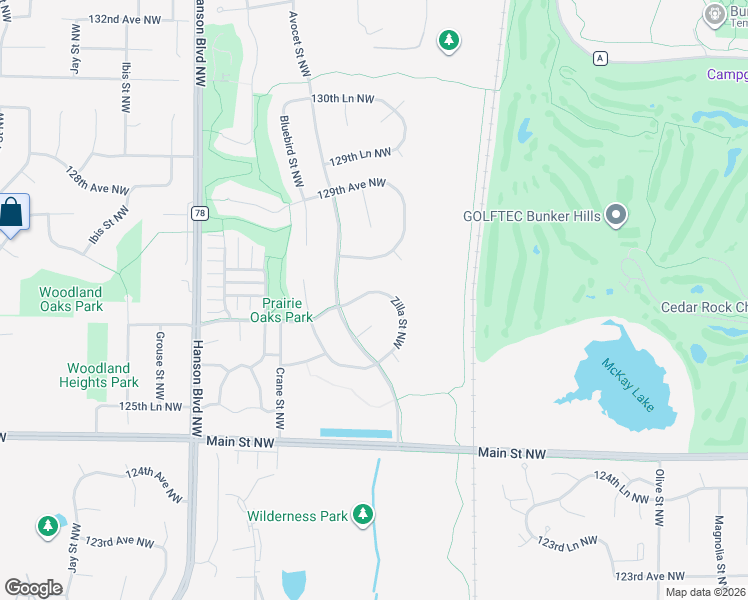 map of restaurants, bars, coffee shops, grocery stores, and more near 1248 126 Lane Northwest in Minneapolis