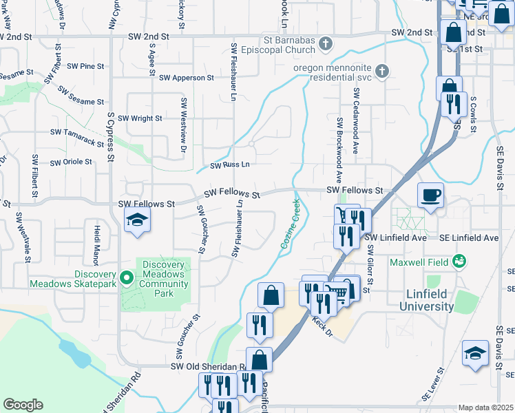 map of restaurants, bars, coffee shops, grocery stores, and more near 1149 Southwest Tall Oaks Court in McMinnville