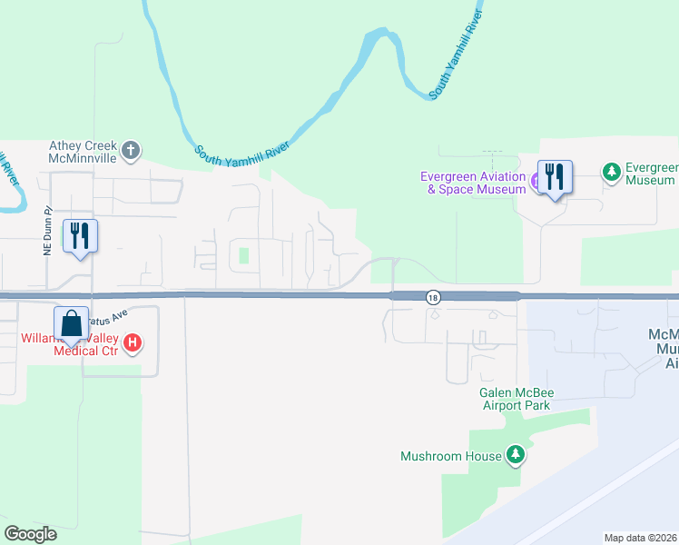 map of restaurants, bars, coffee shops, grocery stores, and more near Northeast Fircrest Drive in McMinnville