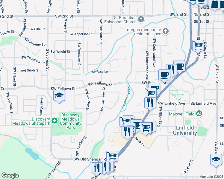 map of restaurants, bars, coffee shops, grocery stores, and more near 1149 Southwest Tall Oaks Court in McMinnville