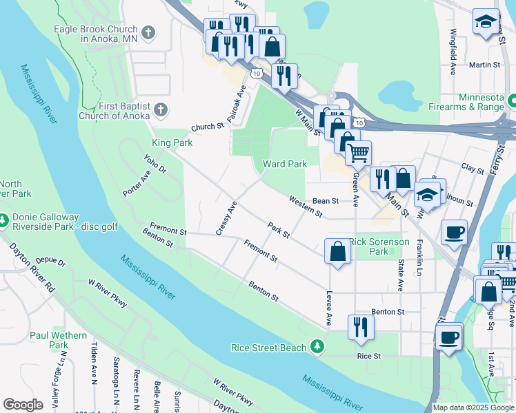 map of restaurants, bars, coffee shops, grocery stores, and more near 810 Park Street in Anoka