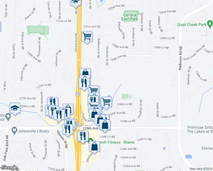 map of restaurants, bars, coffee shops, grocery stores, and more near 1533 127th Lane Northeast in Blaine