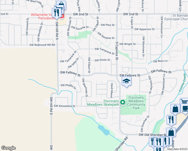 map of restaurants, bars, coffee shops, grocery stores, and more near 1844 Southwest Fellows Street in McMinnville