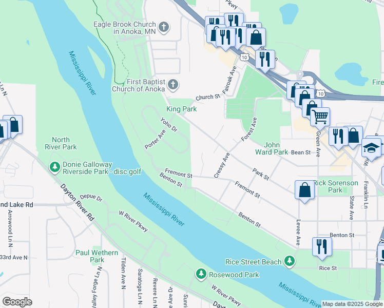 map of restaurants, bars, coffee shops, grocery stores, and more near 129 Yoho Drive in Anoka