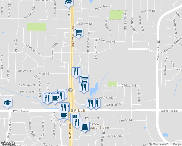 map of restaurants, bars, coffee shops, grocery stores, and more near 1513 127th Lane Northeast in Blaine