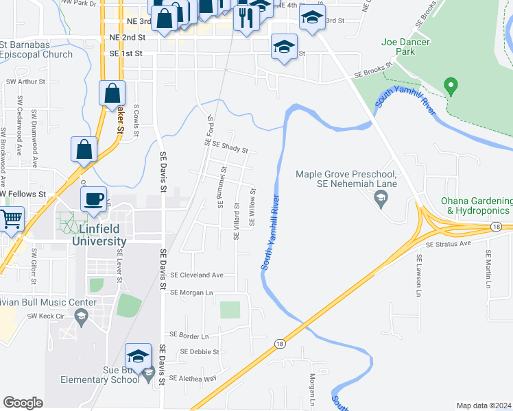map of restaurants, bars, coffee shops, grocery stores, and more near 1022 Southeast Willow Street in McMinnville