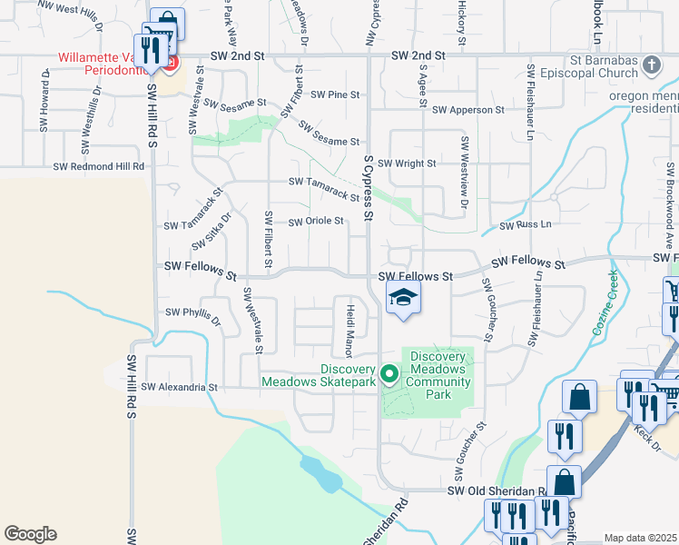 map of restaurants, bars, coffee shops, grocery stores, and more near 970 Southwest Oriole Street in McMinnville