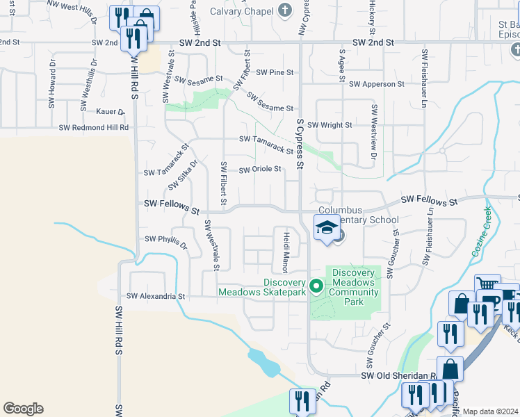 map of restaurants, bars, coffee shops, grocery stores, and more near 972 Southwest Dove Court in McMinnville