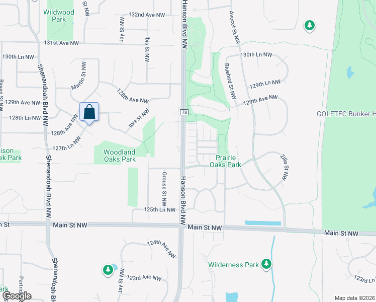 map of restaurants, bars, coffee shops, grocery stores, and more near 12812 Flamingo Street Northwest in Minneapolis