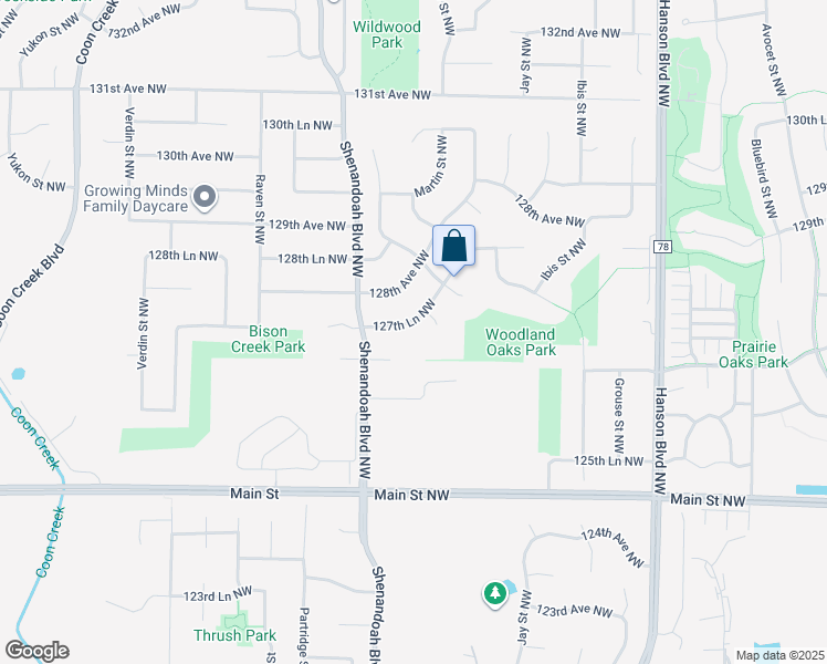 map of restaurants, bars, coffee shops, grocery stores, and more near 1965 127th Lane Northwest in Minneapolis