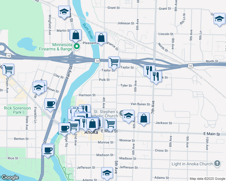 map of restaurants, bars, coffee shops, grocery stores, and more near 2325 5th Avenue in Anoka