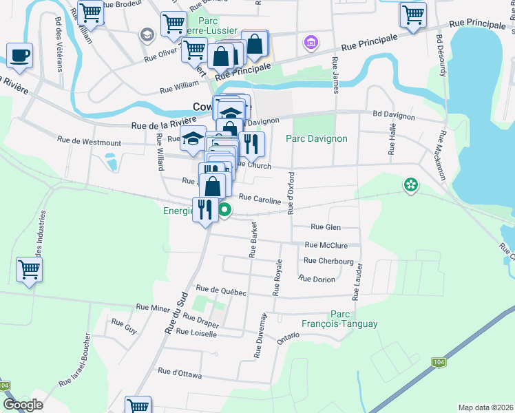 map of restaurants, bars, coffee shops, grocery stores, and more near 142 Rue Caroline in Cowansville