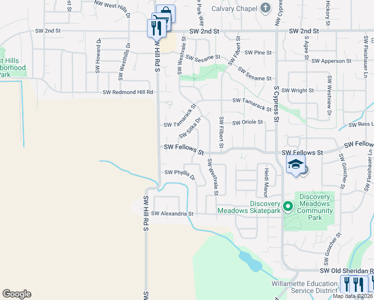 map of restaurants, bars, coffee shops, grocery stores, and more near 2034 Southwest Fellows Street in McMinnville