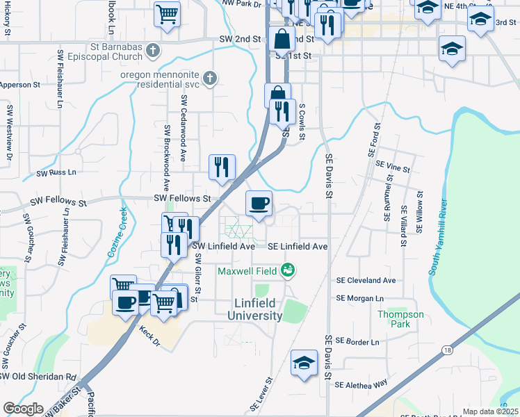 map of restaurants, bars, coffee shops, grocery stores, and more near 900 Southeast Baker Street in McMinnville