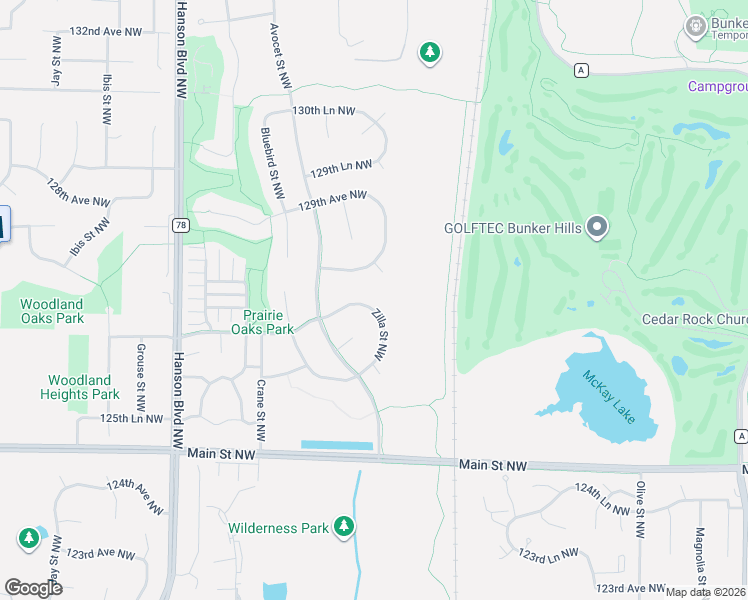map of restaurants, bars, coffee shops, grocery stores, and more near 1258 128th Avenue Northwest in Minneapolis