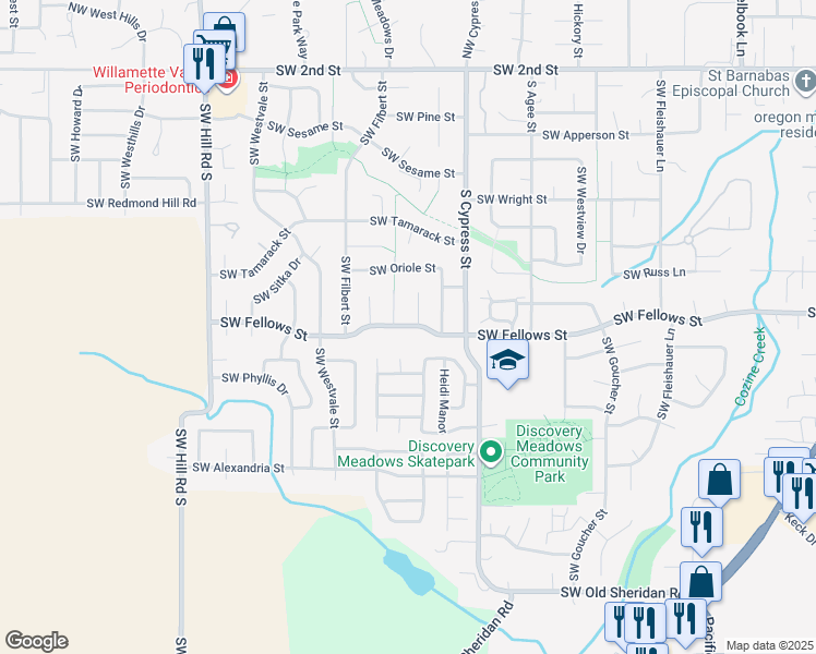 map of restaurants, bars, coffee shops, grocery stores, and more near 972 Southwest Dove Court in McMinnville