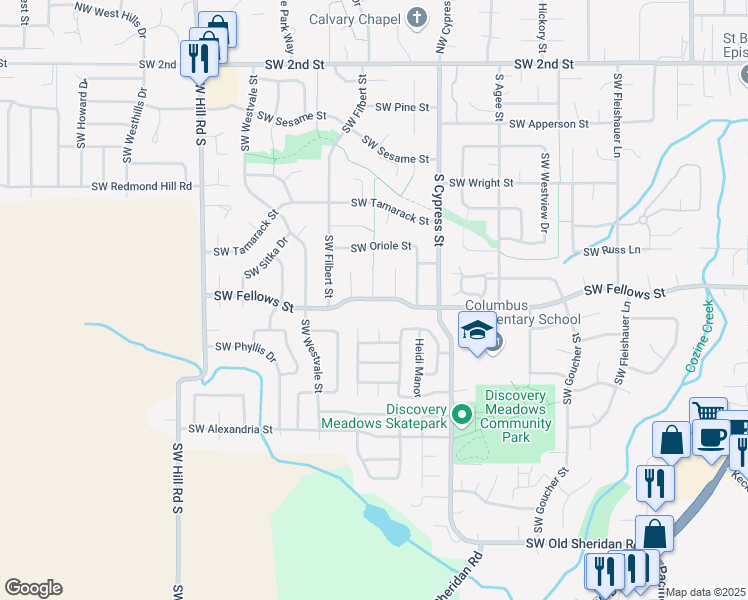 map of restaurants, bars, coffee shops, grocery stores, and more near 972 Southwest Dove Court in McMinnville