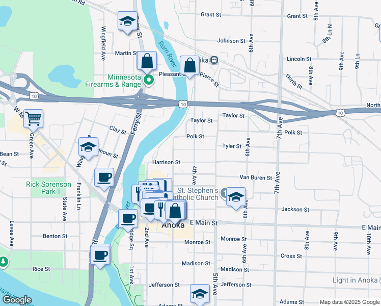 map of restaurants, bars, coffee shops, grocery stores, and more near 2333 4th Avenue in Anoka