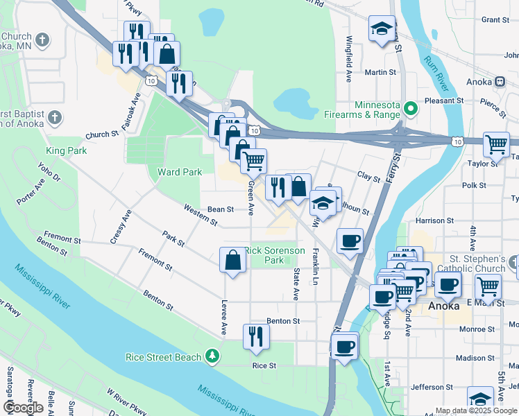 map of restaurants, bars, coffee shops, grocery stores, and more near 2206 Green Avenue in Anoka