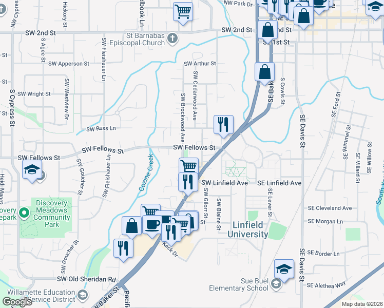 map of restaurants, bars, coffee shops, grocery stores, and more near 722 Southwest Fellows Street in McMinnville