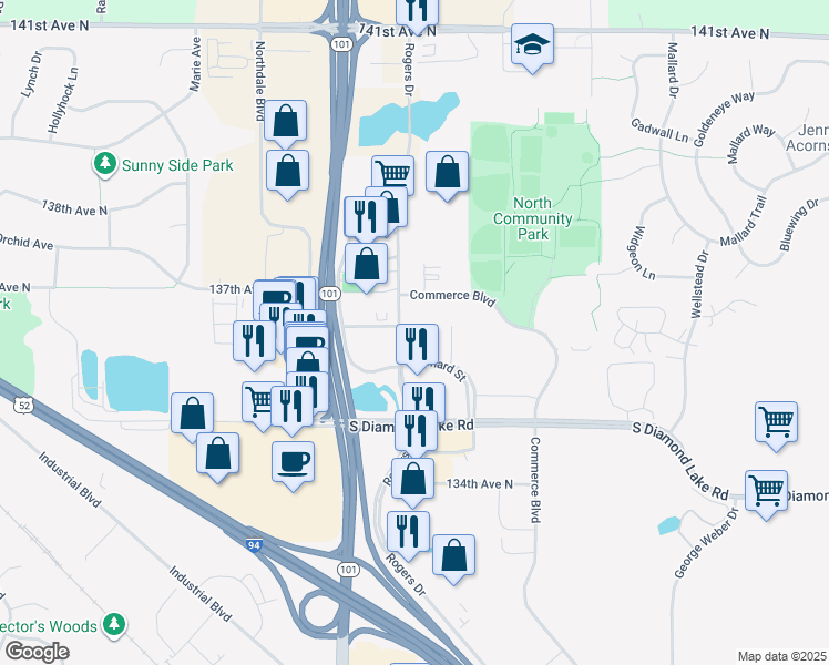 map of restaurants, bars, coffee shops, grocery stores, and more near 13600 Commerce Boulevard in Rogers