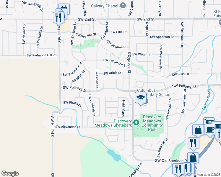 map of restaurants, bars, coffee shops, grocery stores, and more near 1794 Southwest Fellows Street in McMinnville
