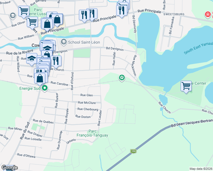 map of restaurants, bars, coffee shops, grocery stores, and more near 90 Rue Lauder in Cowansville