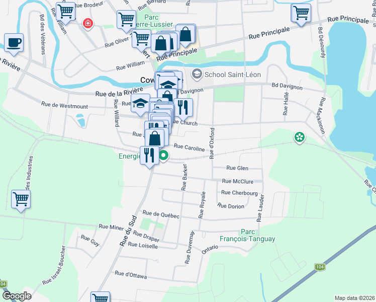 map of restaurants, bars, coffee shops, grocery stores, and more near 142 Rue Caroline in Cowansville
