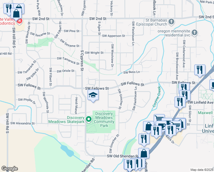map of restaurants, bars, coffee shops, grocery stores, and more near 1561 Southwest Fellows Street in McMinnville