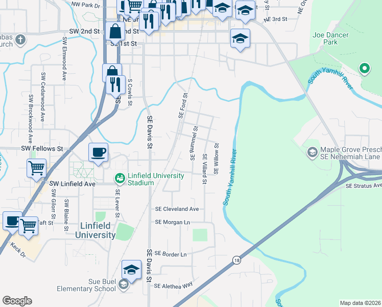 map of restaurants, bars, coffee shops, grocery stores, and more near 931 Southeast Rummel Street in McMinnville