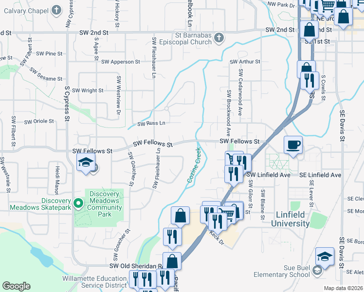 map of restaurants, bars, coffee shops, grocery stores, and more near 1135 Southwest Fellows Street in McMinnville