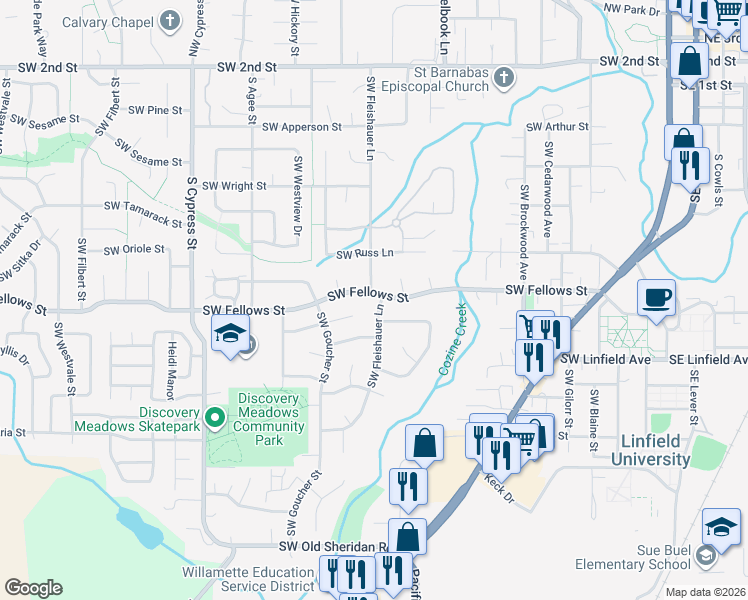 map of restaurants, bars, coffee shops, grocery stores, and more near 1275 Southwest Fellows Street in McMinnville