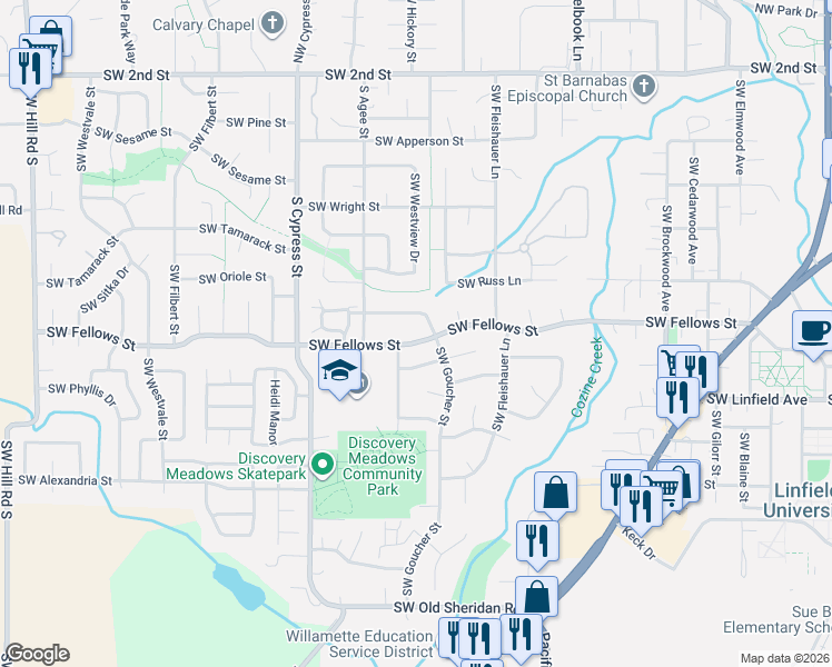 map of restaurants, bars, coffee shops, grocery stores, and more near 979 Southwest Goucher Street in McMinnville