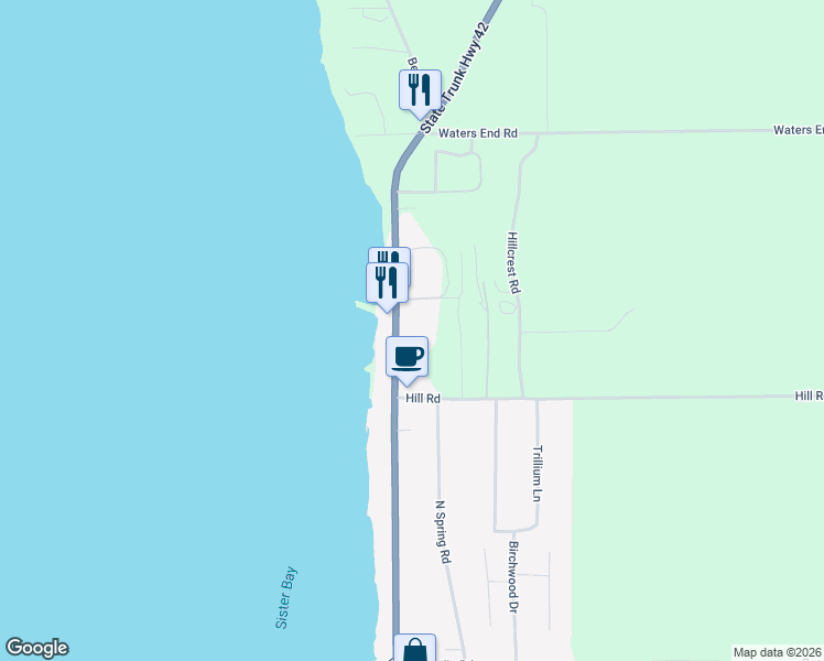 map of restaurants, bars, coffee shops, grocery stores, and more near 10946 Wisconsin 42 in Sister Bay