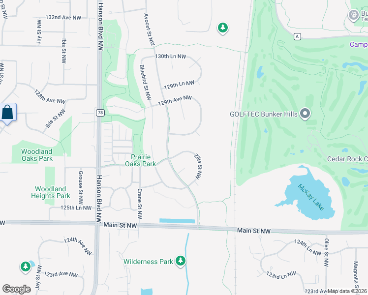 map of restaurants, bars, coffee shops, grocery stores, and more near 1258 128th Avenue Northwest in Minneapolis