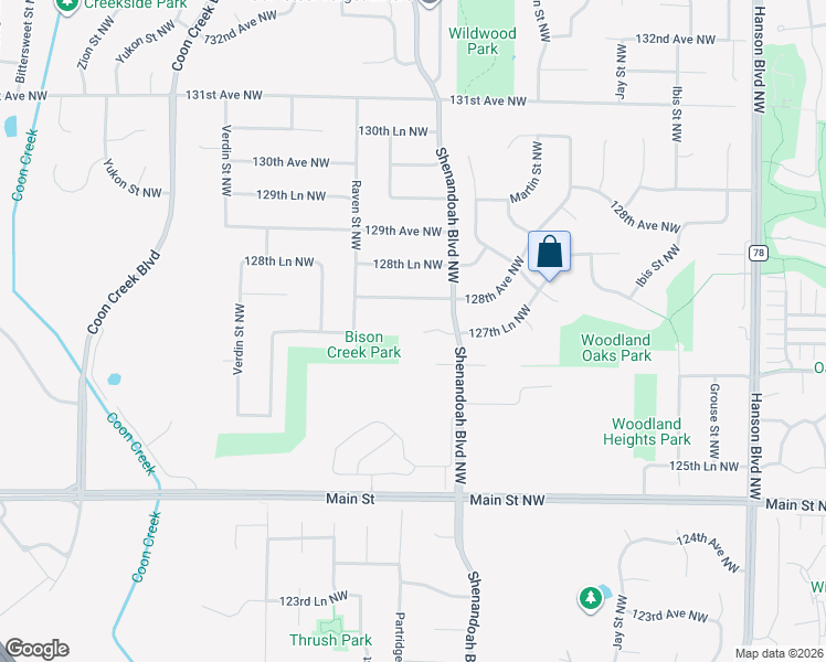 map of restaurants, bars, coffee shops, grocery stores, and more near 2095 127th Lane Northwest in Minneapolis